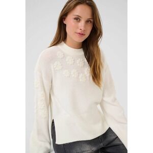 CeCe Cream Ivory Floral Embroidered Mock Neck Bell-Sleeve Super Soft Sweater / L